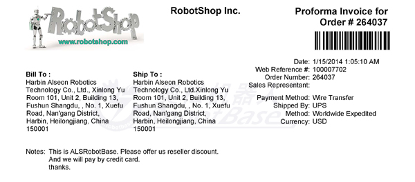 官方進口robotshop采購發(fā)票